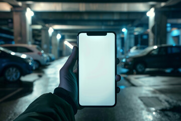 Hand holding smartphone with blank screen in parking lot, symbolizing easy online payment for car parking via mobile app