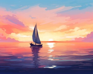 Fototapeta premium A picturesque scene illustration of lonely sailboat at sea during a colorful beach sunset, peaceful summer scene, soft color, watercolor backdrop