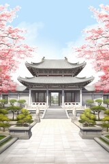 Obraz premium A serene backdrop featuring a traditional Japanese temple surrounded by blooming sakura trees, perfect for posters and designs requiring copyspace or as a graceful scene template.