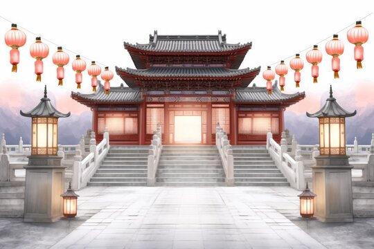 A soft watercolor painting of a peaceful Japanese temple, beautifully adorned with glowing lanterns to celebrate Buddha Day, set against a tranquil mountain backdrop.