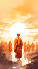 Serene watercolor illustration of Monks in saffron robes gathering in early morning light, Magha Puja Day, soft color, watercolor cartoon