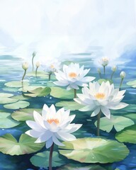 Calm watercolor background of White lotus flowers floating on a clear water pond, symbolizing the enlightened one, the awakened one and the blessed one, Vesak day