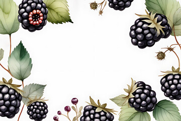 Square frame decorated with blackberries and green leaves on a white background.