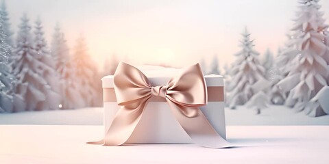 White empty blank paper with a beautiful elegant silk light colored ribbon gift bow. Gift certificate template in woman's hands on winter snowy landscape background 4K Video