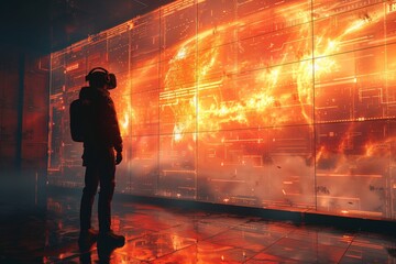 Someone observes a complex holographic data visualization representing futuristic technology or cyber space