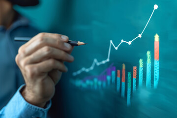 Close-up of a hand drawing an upward trend on a transparent graph board symbolizing growth.