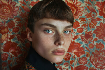 Close-up of a contemplative young androgen person against ornate floral wallpaper, exuding timeless elegance.