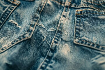 Fototapeta premium Extreme close-up of weathered and sun-bleached denim shorts, revealing the intricate stitching and worn-in texture