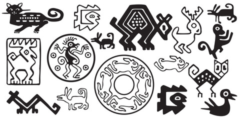 A set of tribal birds, black and white isolated vector. Aztec style Mexican designs - 809944217
