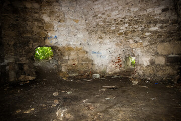 excursion to the ruins of an old castle, basement, failures in the walls, arches, wall, stonework,...