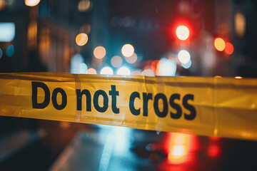 Close up of yellow police tape with text 'Do not cross' at crime scene at night