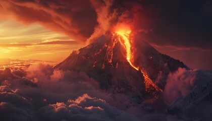 A fiery volcano is spewing lava into the sky, surrounded by a desolate landscape by AI generated image