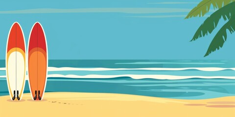 surfboards on the beach with copy space in the side, banner design with blue sea in the background