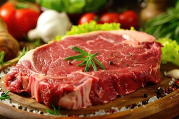 Fototapeta premium Juicy Angus Boneless Ribeye Steak for Your BBQ. Fresh Cut Grass Fed Beefsteak with Butcher's Knife