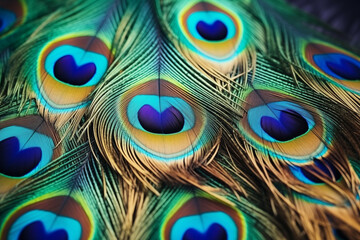 Peacock feather background. Closeup macro. Abstract colourful background. Selective focus.