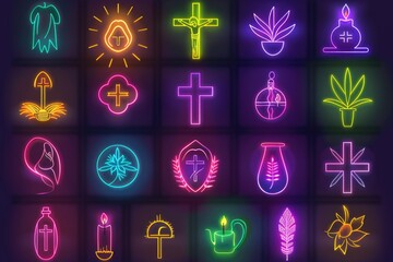 Bright neon religious symbols glowing in the dark, perfect for spiritual concepts or religious events