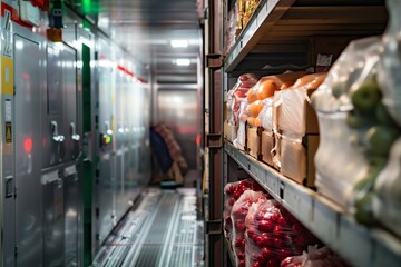 A grocery store employee wearing a winter coat walks through a cold storage room.