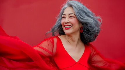 Elegant Woman in Red Dress, Confident, Vibrant

