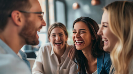 Group of young adults laughing joyously together in a lively cafe setting