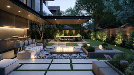 Fototapeta premium Luxurious Outdoor Patio with Modern Fire Pit 