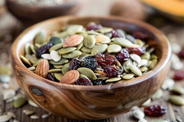 Healthy Raw Organic Homemade Trail Mix with Pumpkin Seeds, Flax Seeds, Raisins, and More - Perfect - obrazy, fototapety, plakaty