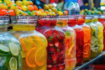 Fruit-filled Aguas Frescas in Mexican Jars and Bottles - Fresh Juices for Refreshing Water-based