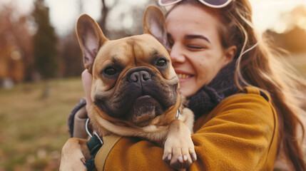Happy Young Woman Hugging French Bulldog in Autumn Park
