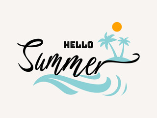 Vector Illustration: Elements of Hand Drawn Lettering of Hello Summer with Sun. doodle handwritten brush design.