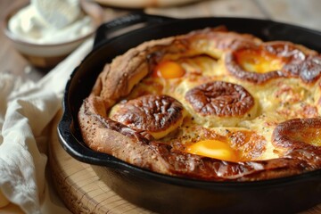 Homemade British Toad in the Hole Casserole. Delicious Baked Brunch with Basic Batter and Browned