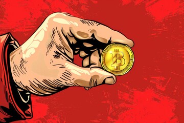 Person holding a bitcoin in their hand. Suitable for cryptocurrency concepts