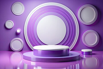 Purple 3d round podium with round shapes on purple background.