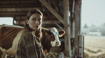 A woman stands in front of a cow in a barn