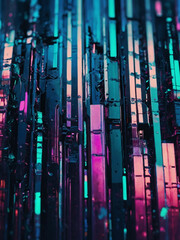 Cyberpunk abstraction, Abstract design features glitched blue, mint, and pink hues.