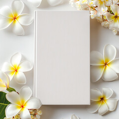 Mockup of a new book with blank white cover in modern neat style on white and yellow frangipani flowers and plain white background. Square template for social media post for books and flowers.