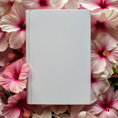 Mockup of a new book with blank white cover in modern neat style on pink and red hibiscus flowers garden background. Square template for social media post for books and flowers.