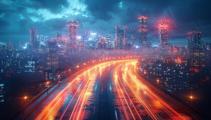 Fototapeta premium A city street with a long, empty highway with a bright orange glow by AI generated image