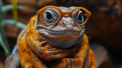 Fototapeta premium A frog wearing glasses and a scarf. The frog is smiling and looking at the camera. The image has a playful and whimsical mood