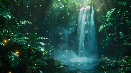 Fototapeta na wymiar An ethereal waterfall surrounded by glowing plants in a luminous, surreal jungle, shot in 8K