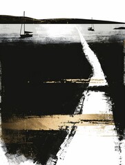 Obraz premium A black and white painting depicting boats cruising on the water