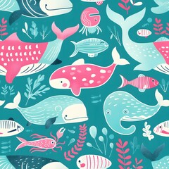 whales and fish pattern in turquoise with pink accents