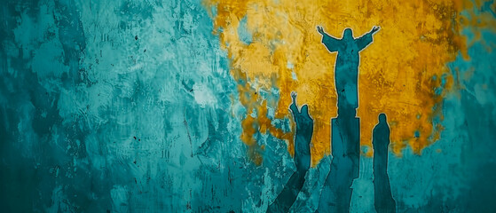 faithful representation illustration paint on wall gold, blue abstract 