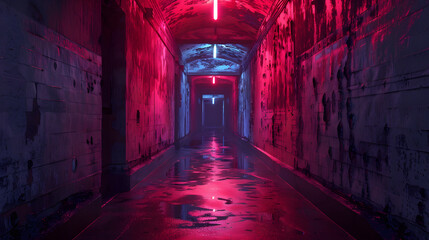 Fototapeta premium A dark corridor with red neon lighting reflecting on the wet floor