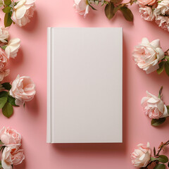 Mockup of a new book with blank white cover in modern neat style on pastel pink rose flowers and pink plain background. Square template for social media post for books and flowers.