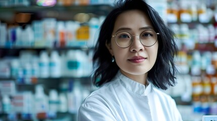 Asian female pharmacist in a pharmacy, wearing glasses and a white outfit. 