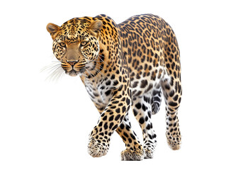 A spotted leopard, a wild big cat with black rosettes on its fur, stands isolated against a white background