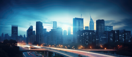 Bustling Metropolis at Twilight: City Lights and Traffic