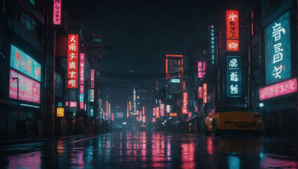 Cyberpunk shrine, Japanese abstract illustration in a dark, rainy cityscape.