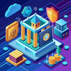 Online banking security. Digital safe and encrypted transactions. Fintech and finance technology. Low poly vector illustration with 3D effect on bank interior background.1
