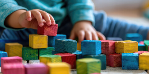 Close up detail of kid hands playing with colored wooden blocks in a kindergarten or baby room. Early development for children, fine motor skills.