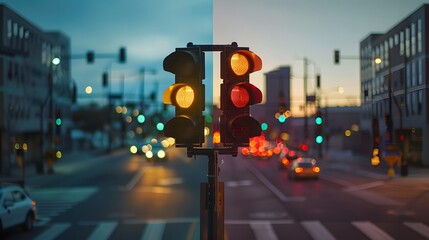 An image contrasting an older-style traffic signal with a modern, high-tech one on the same...